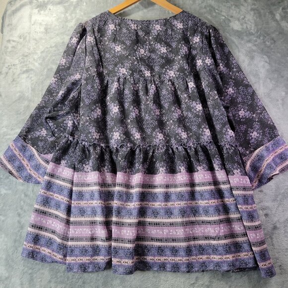 Avenue Womens Boho Tunic Top 22/24 Purple Floral Stripe Babydoll Plus Size - Picture 6 of 9